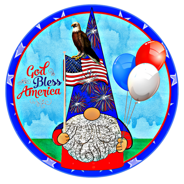 017 God Bless America, Patriotic Gnome, Patriotic -Summer Sign, Wreath Center, Wreath Attachment