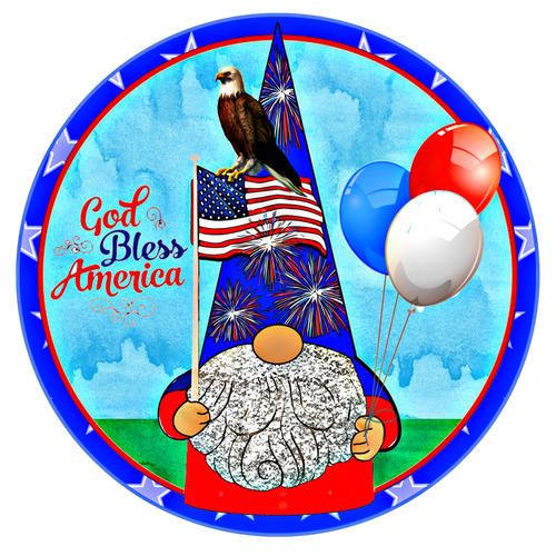 017 God Bless America, Patriotic Gnome, Patriotic -Summer Sign, Wreath Center, Wreath Attachment