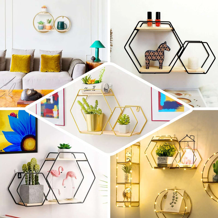 Hexagon wall shelves in various styles for modern home decor.