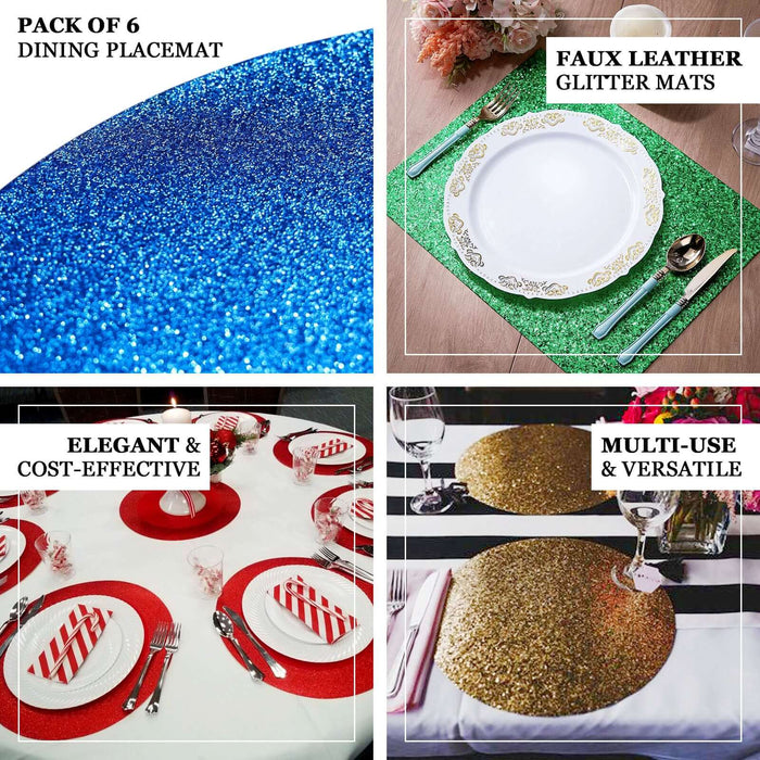 Pack of 6 faux leather glitter dining placemats in blue, green, red, and gold.
