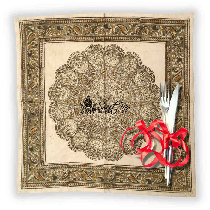 Cotton Sustainable Floral Block Print Set of Four Napkins, Verdant Dune - Sweet Us