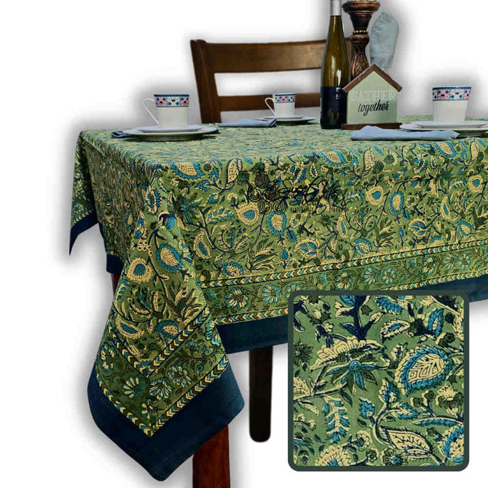 Sweet Us Amara Floral Cotton Block Print Tablecloth Rectangle, Fern Bliss - Sweet Us
