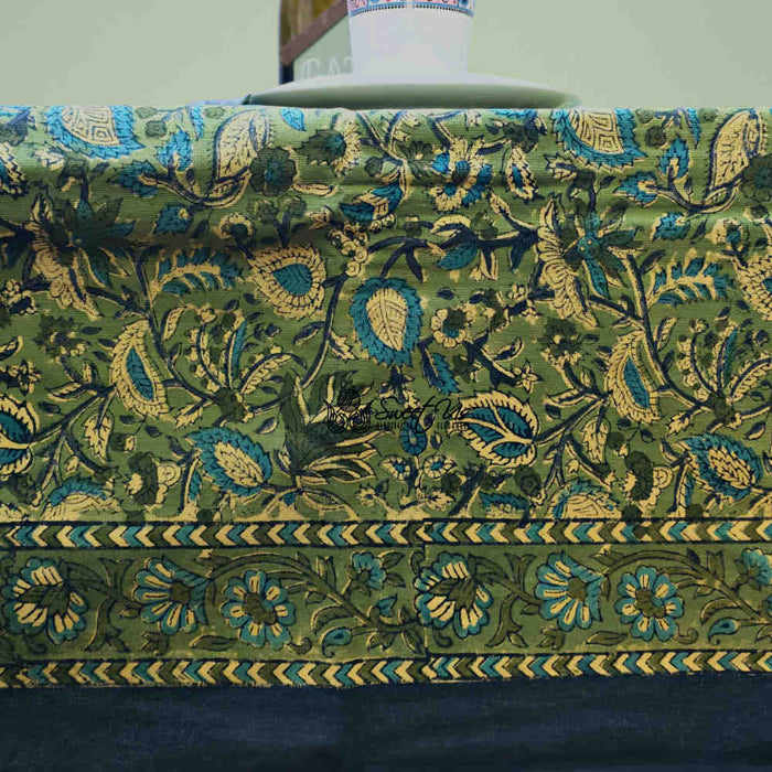 Sweet Us Amara Floral Cotton Block Print Tablecloth Rectangle, Fern Bliss - Sweet Us