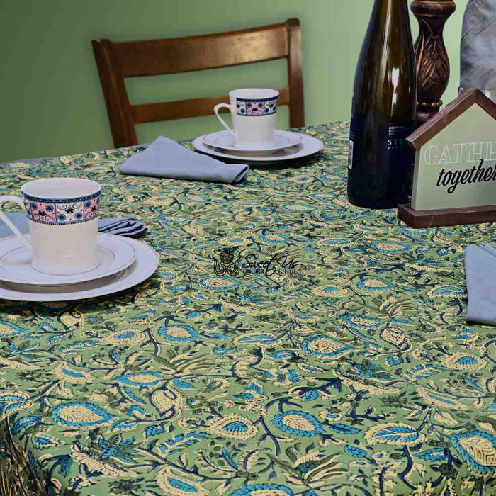 Sweet Us Amara Floral Cotton Block Print Tablecloth Rectangle, Fern Bliss - Sweet Us