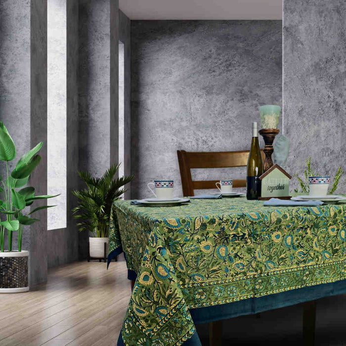 Sweet Us Amara Floral Cotton Block Print Tablecloth Rectangle, Fern Bliss - Sweet Us