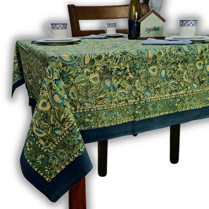 Sweet Us Amara Floral Cotton Block Print Tablecloth Rectangle, Fern Bliss - Sweet Us