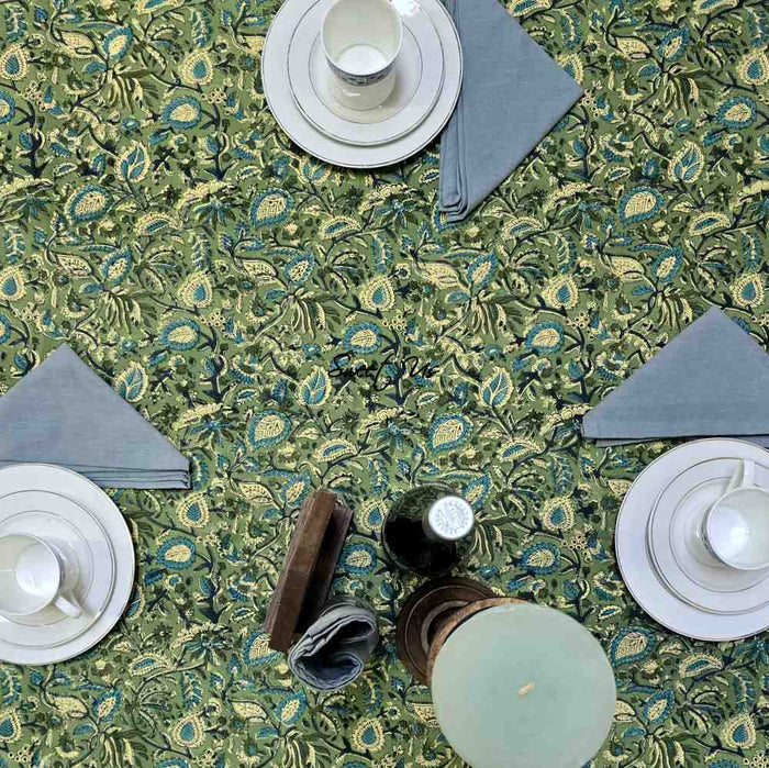Sweet Us Amara Floral Cotton Block Print Tablecloth Rectangle, Fern Bliss - Sweet Us