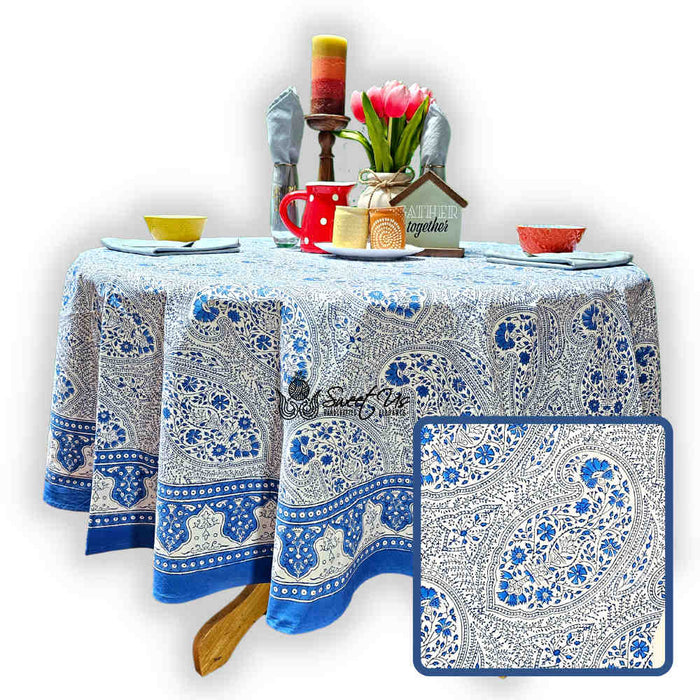 Princess Paisley Block Print Cotton Floral Tablecloth Round, Serene Blue - Sweet Us