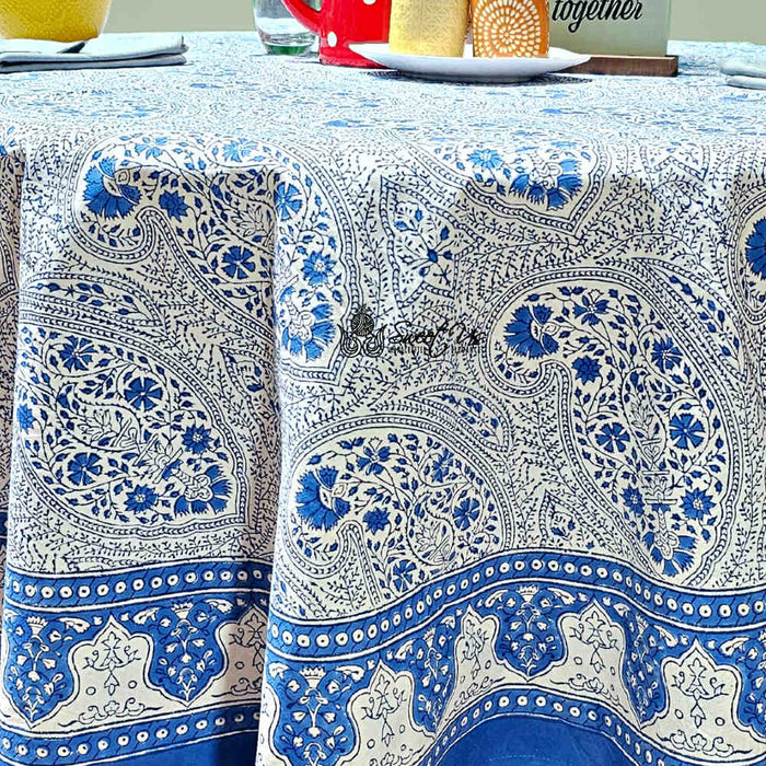 Princess Paisley Block Print Cotton Floral Tablecloth Round, Serene Blue - Sweet Us