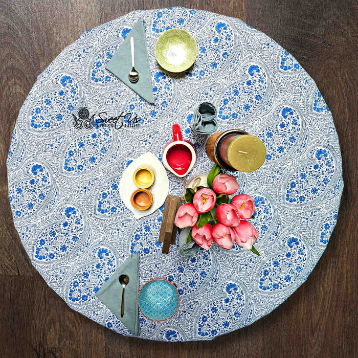 Princess Paisley Block Print Cotton Floral Tablecloth Round, Serene Blue - Sweet Us