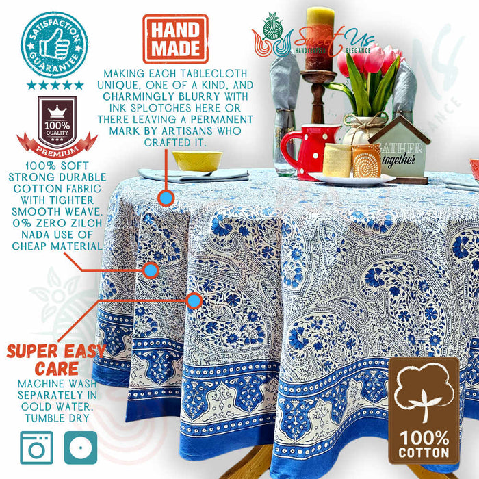 Princess Paisley Block Print Cotton Floral Tablecloth Round, Serene Blue - Sweet Us