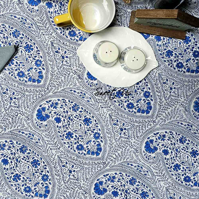 Princess Paisley Block Print Cotton Floral Tablecloth Round, Serene Blue - Sweet Us