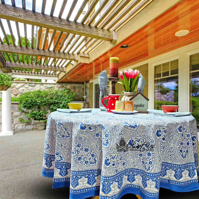 Princess Paisley Block Print Cotton Floral Tablecloth Round, Serene Blue - Sweet Us