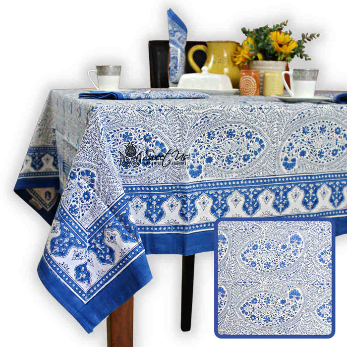 Princess Paisley Block Print Cotton Floral Tablecloth Square, Serene Blue - Sweet Us