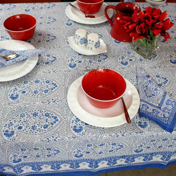 Princess Paisley Block Print Cotton Floral Tablecloth Square, Serene Blue - Sweet Us
