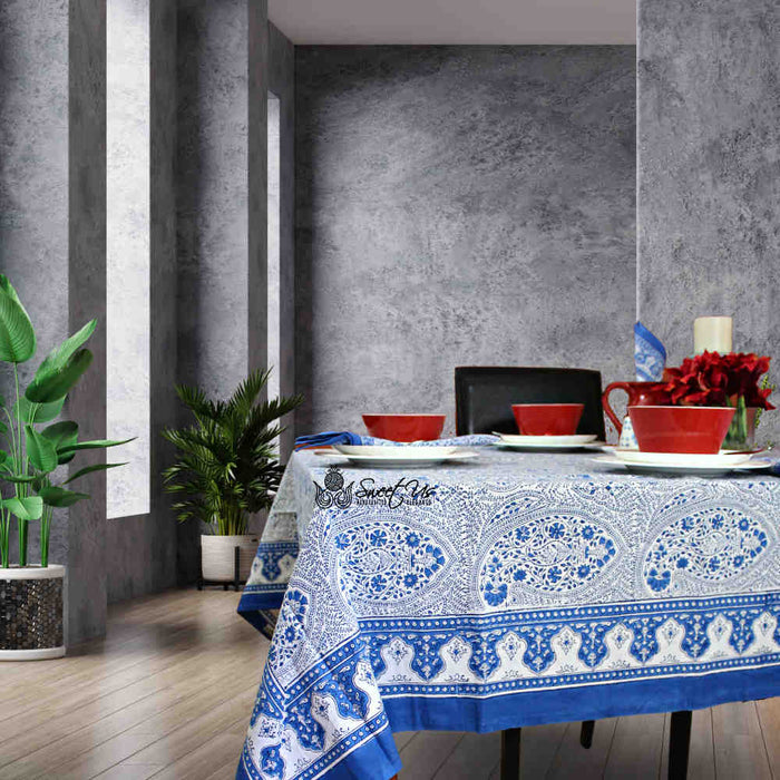 Princess Paisley Block Print Cotton Floral Tablecloth Square, Serene Blue - Sweet Us
