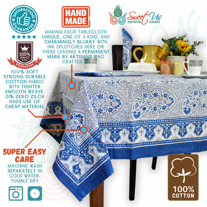 Princess Paisley Block Print Cotton Floral Tablecloth Square, Serene Blue - Sweet Us