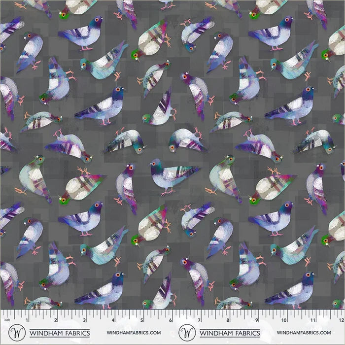 Animal Kingdom - Pigeon Pals in Asphalt - by Gareth Lucas with Windham Fabrics