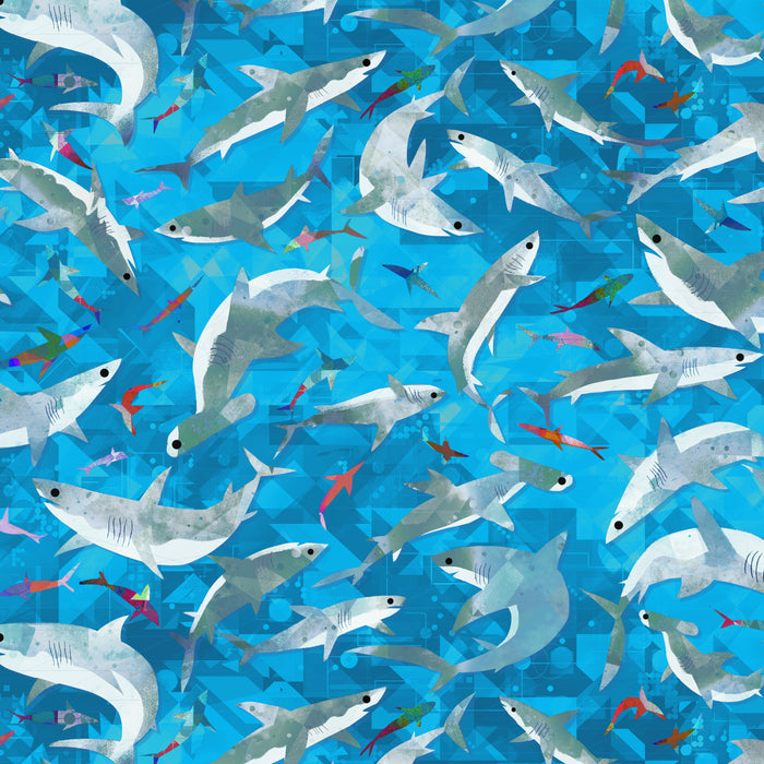 Animal Kingdom - Stealthy Sharks in Cyan - by Gareth Lucas with Windham Fabrics