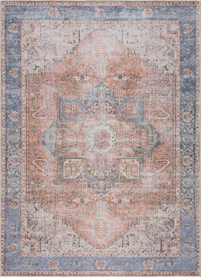 Antique Distressed Style Rust, Light Pink and Blue Machine Washable Rug - The Rug Decor