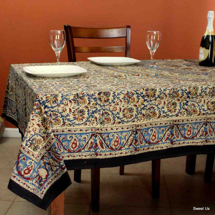 Vintage Paisley Cotton Block Print Floral Tablecloth Rectangle, Cobalt Haven - Sweet Us