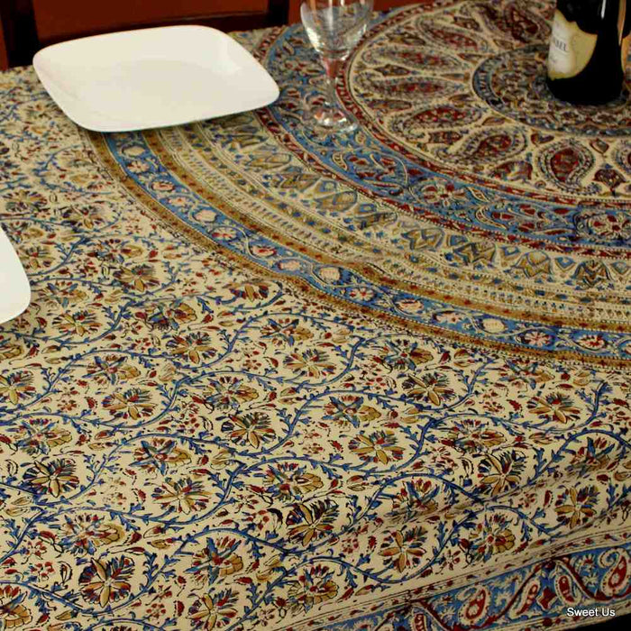 Vintage Paisley Cotton Block Print Floral Tablecloth Rectangle, Cobalt Haven - Sweet Us