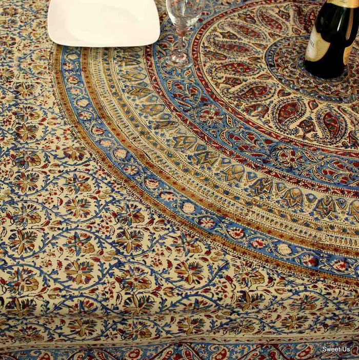 Vintage Paisley Cotton Block Print Floral Tablecloth Rectangle, Cobalt Haven - Sweet Us