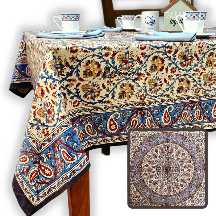 Vintage Paisley Block Print Cotton Floral Tablecloth Rectangle, Aqua Dusk - Sweet Us