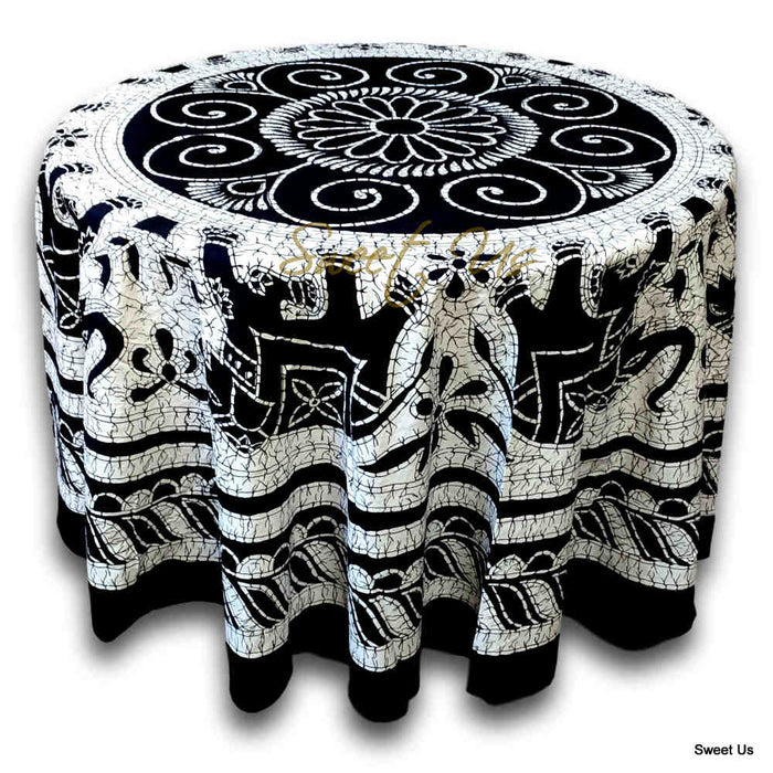 Elephant Batik Cotton Tablecloth Round 90 inches Gold Blue Black Wine Red - Sweet Us