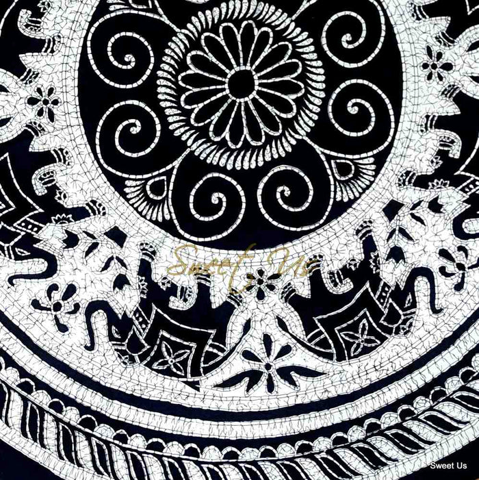 Elephant Batik Cotton Tablecloth Round 90 inches Gold Blue Black Wine Red - Sweet Us