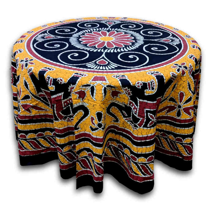 Elephant Batik Cotton Tablecloth Round 90 inches Gold Blue Black Wine Red - Sweet Us