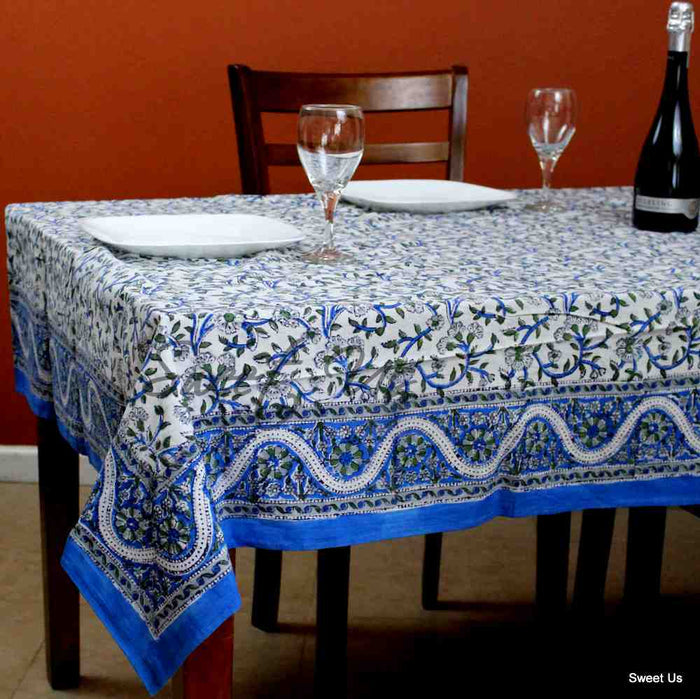 Botanical Serenity Block Print Cotton Floral Square Tablecloth White - Sweet Us
