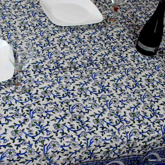 Botanical Serenity Block Print Cotton Floral Square Tablecloth White - Sweet Us