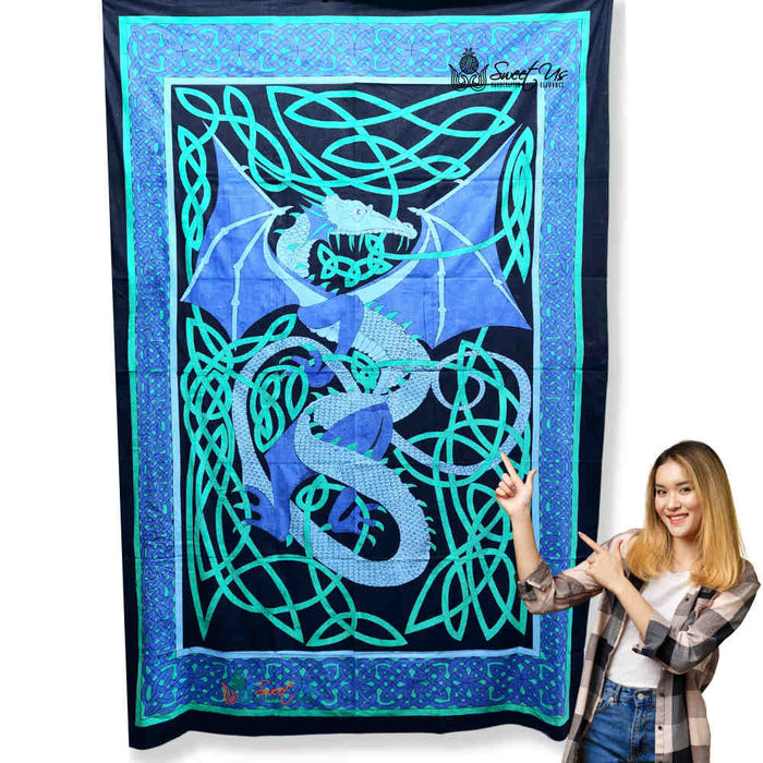 Cotton Celtic Dragon Tablecloth Rectangle Tapestry Sheet Black Blue Green - Sweet Us