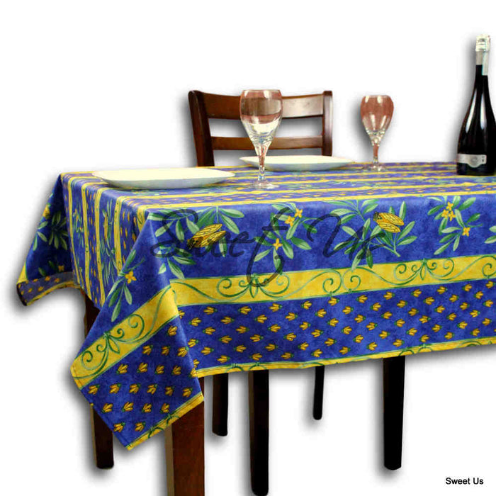 Wipeable Tablecloth Rectangle Spillproof French Acrylic Coated Blue Bees - Sweet Us
