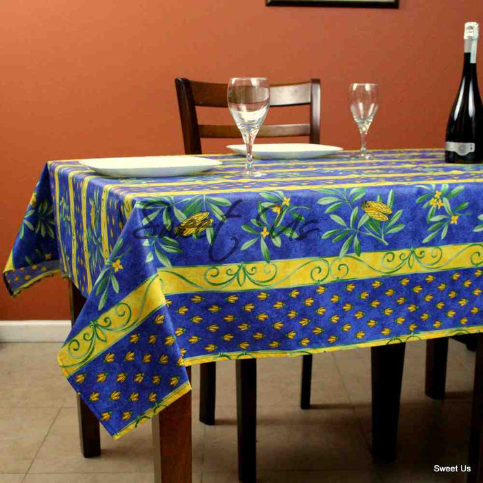 Wipeable Tablecloth Rectangle Spillproof French Acrylic Coated Blue Bees - Sweet Us