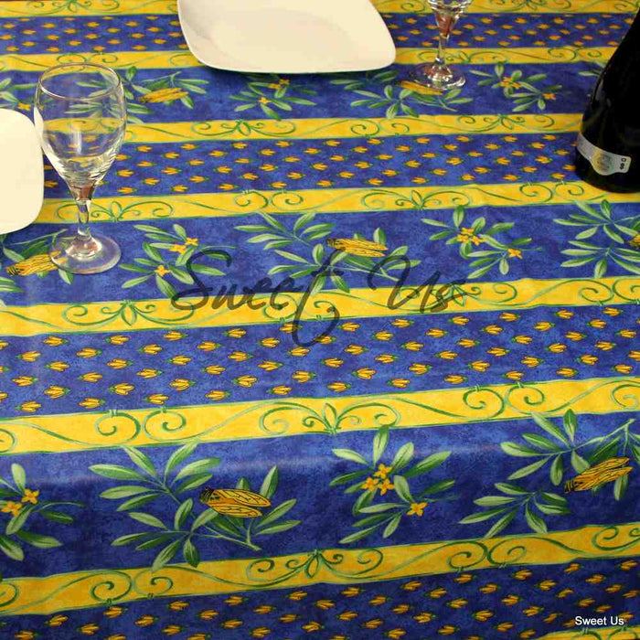Wipeable Tablecloth Rectangle Spillproof French Acrylic Coated Blue Bees - Sweet Us
