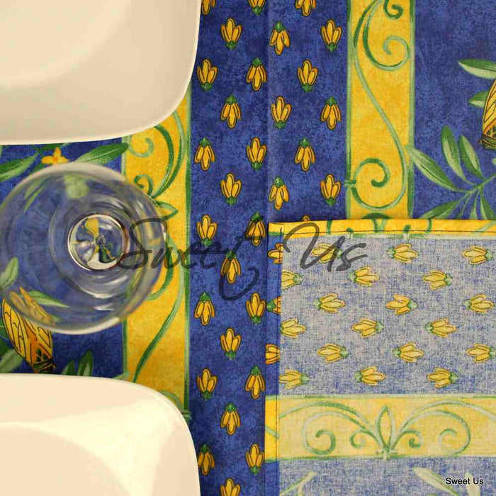 Wipeable Tablecloth Rectangle Spillproof French Acrylic Coated Blue Bees - Sweet Us