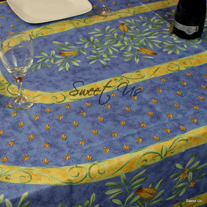 Wipeable Tablecloth Rectangle, Round Spillproof French Acrylic Coated Blue Bees - Sweet Us