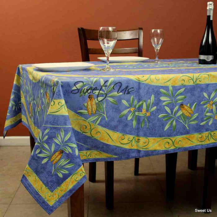 Wipeable Tablecloth Rectangle, Round Spillproof French Acrylic Coated Blue Bees - Sweet Us
