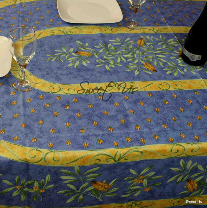 Wipeable Tablecloth Rectangle, Round Spillproof French Acrylic Coated Blue Bees - Sweet Us