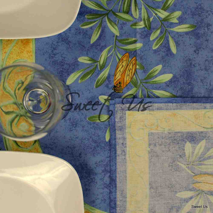 Wipeable Tablecloth Rectangle, Round Spillproof French Acrylic Coated Blue Bees - Sweet Us