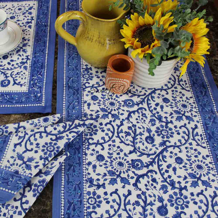 Begonia Floral Block Print Cotton Tablecloth Collection, Tiffany Blue - Sweet Us