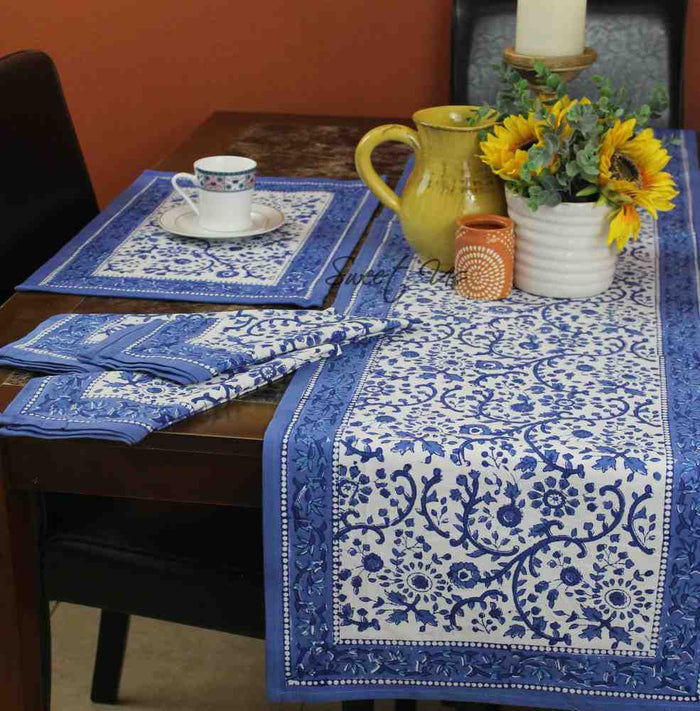 Begonia Floral Block Print Cotton Tablecloth Collection, Tiffany Blue - Sweet Us