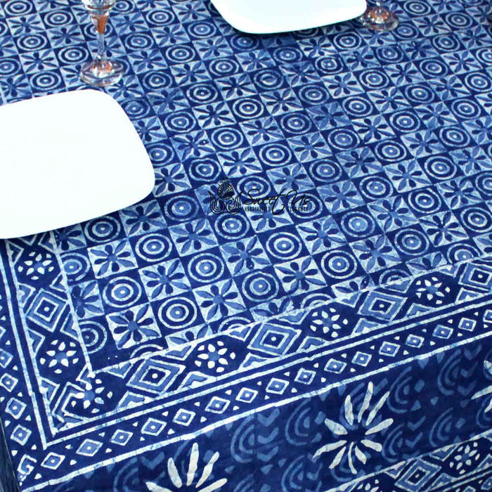 Chiara Mosaic Cotton Hand Block Print Tablecloth Rectangle, Indigo Blue - Sweet Us