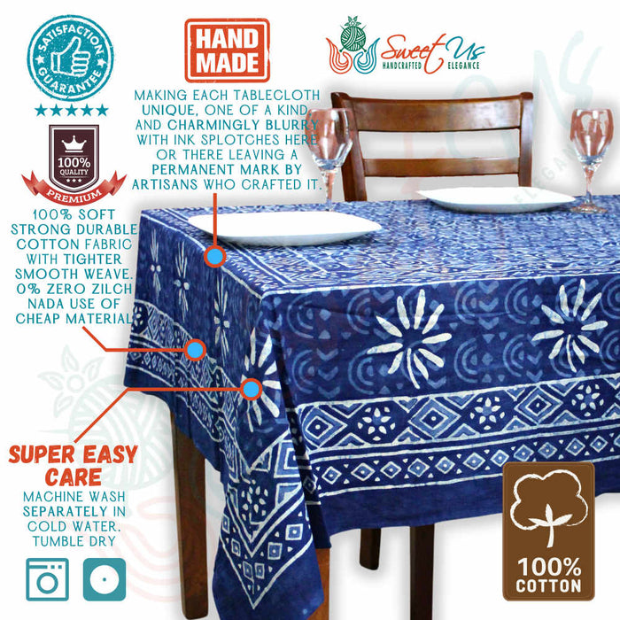 Chiara Mosaic Cotton Hand Block Print Tablecloth Rectangle, Indigo Blue - Sweet Us