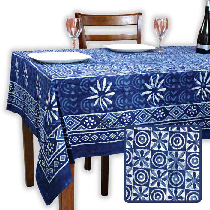 Chiara Mosaic Cotton Hand Block Print Tablecloth Rectangle, Indigo Blue - Sweet Us