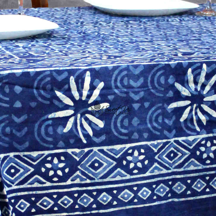 Chiara Mosaic Cotton Hand Block Print Tablecloth Rectangle, Indigo Blue - Sweet Us