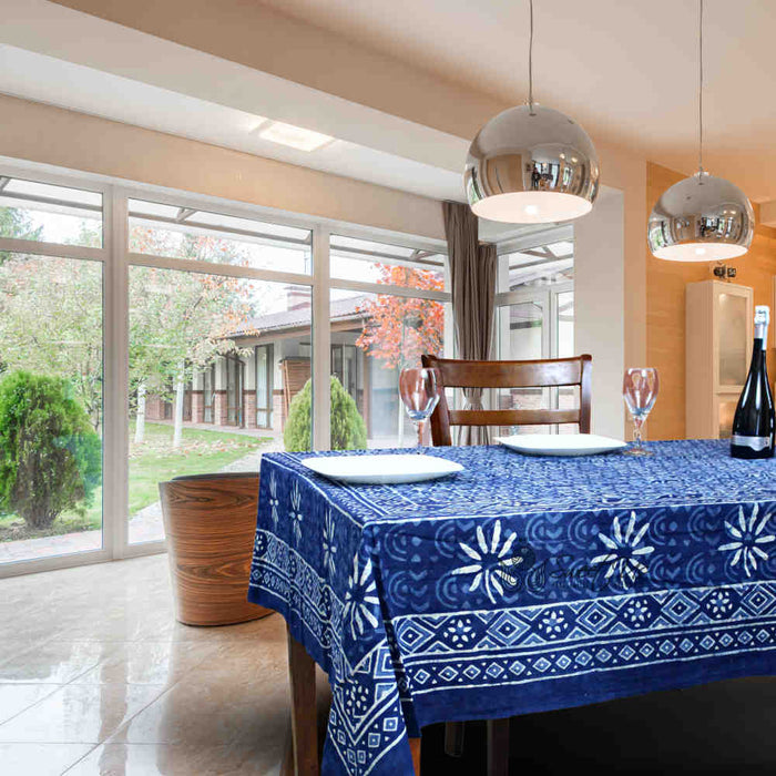 Chiara Mosaic Cotton Hand Block Print Tablecloth Rectangle, Indigo Blue - Sweet Us