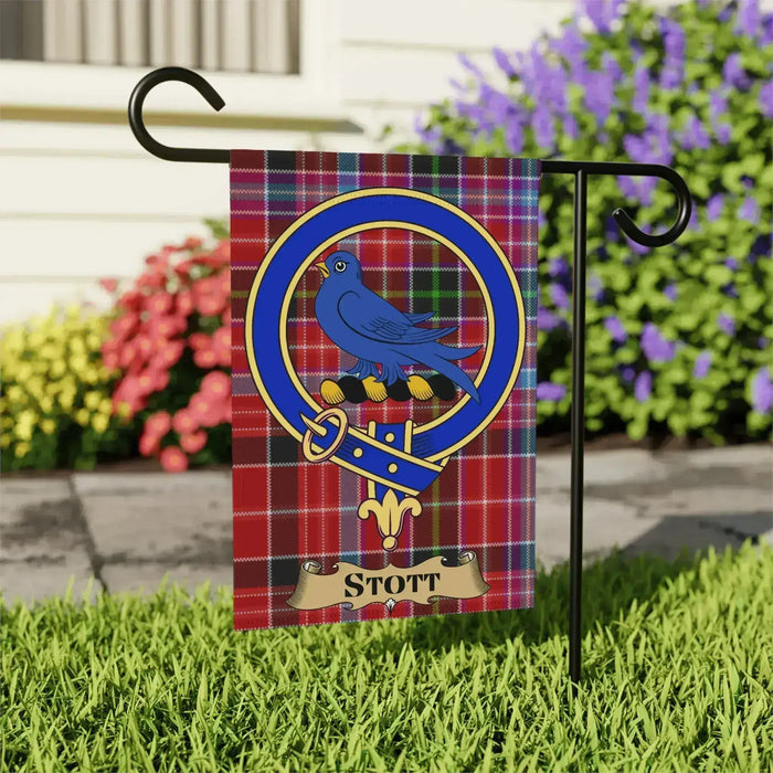 Stott Clan Crest on Red Tartan Garden Flag